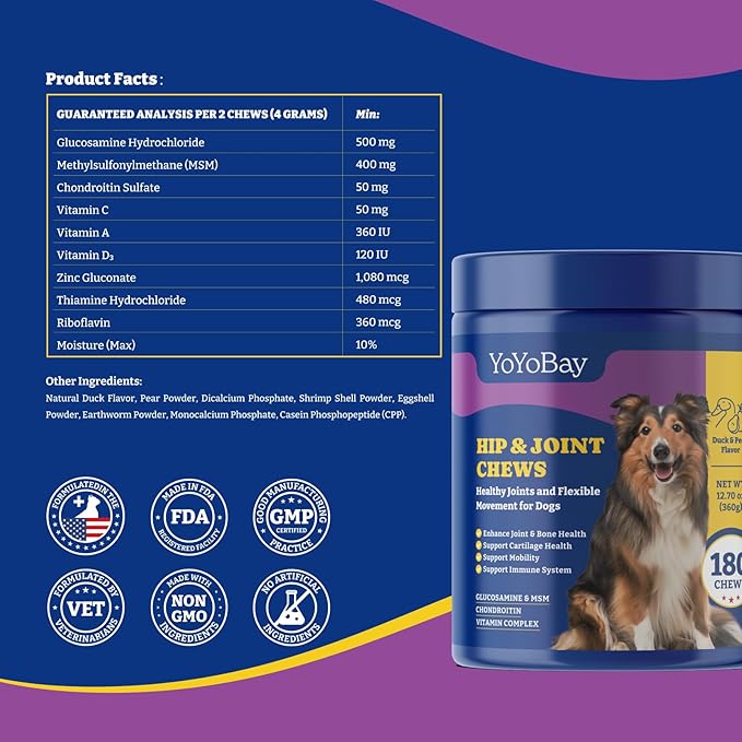 Joint Supplement for Dogs - Glucosamine for Dogs, with Chondroitin, MSM - Dog Pain Relief Anti-Inflammatory, Support Hip & Joint Health, Mobility - 180 Soft Chews, Duck & Pear Flavor