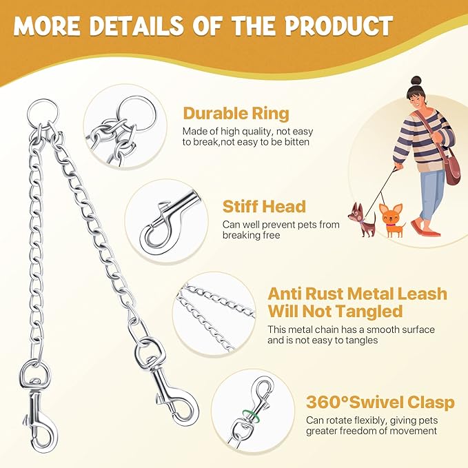 PETTOM Heavy Duty 2 Way Dog Lead Metal Chain Double Pet Clip Leash Coupler 360° Swivel No Tangle Double Dog Walking & Training Leash(XS 2.5mm*40cm Double Leash, Silver)