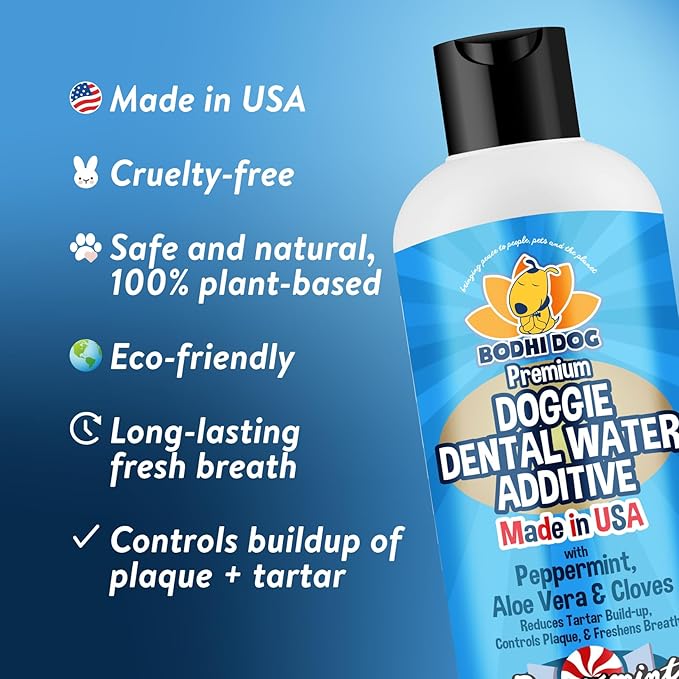 Bodhi Dog Peppermint Dental Dog Water Additive - Dental Water Additive for Dogs & Pets - Teeth, Breath & Healthy Gums - Freshens Breath & Reduces Tartar Build Up - Oral Care Cleaner- Made in USA, 17oz