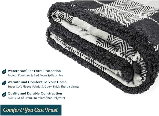PAVILIA Waterproof Blanket for Couch, Sofa | Waterproof Dog Blanket for Large Dog, Puppy, Cat | Pet Blanket Protector | Plush Soft Warm Fuzzy Sherpa Blanket Bed Throw, Plaid Grey, 60x80