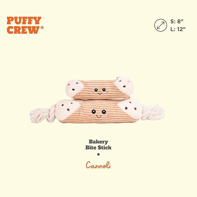 Squeaky Dog Plush Toy, Bakery Bite_Stick Collection, 12", for Various Sized Dogs (Cannoli, Large)