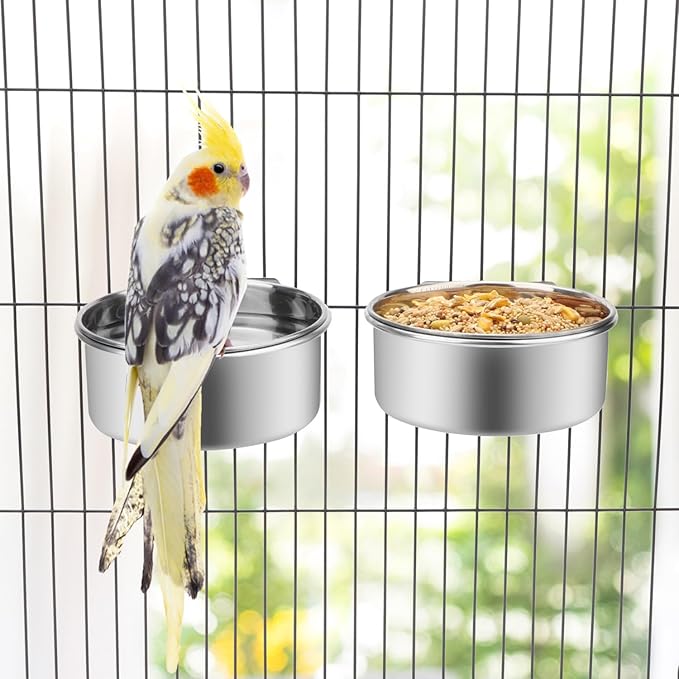Wontee Pet Food Water Bowl with Clamp Holder Stainless Steel Feeding Cups Feeder for Dog Bird Parrot Cat Rabbit, 2 Packs (M)