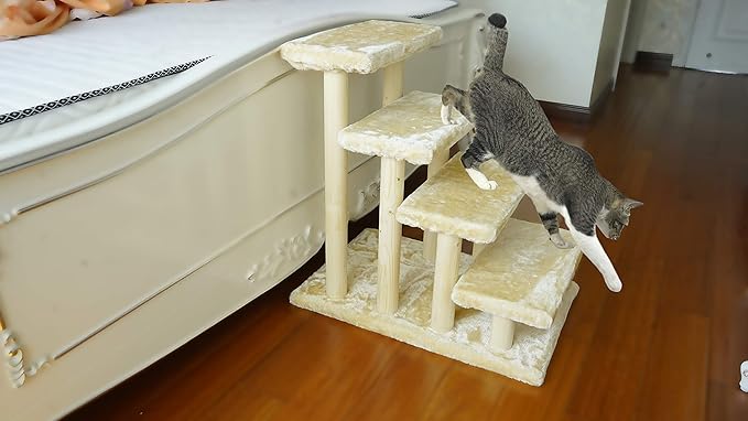 Wooden pet Stairs 4-Step pet Ladder cat Dog Easy Stairs with Detachable Carpet for high Bed and Couch (Beige)