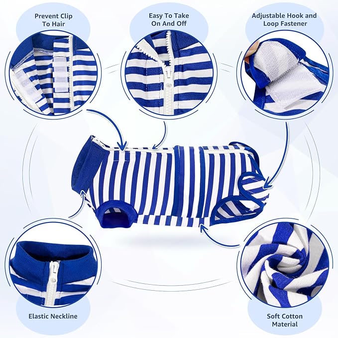 Lukovee Recovery Suit for Dogs - Zipper Onesie for Female & Male Dogs, Abdominal Wounds Cone E-Collar Alternative, Prevent Licking - Spay Recovery Suit (Small, Blue & White)