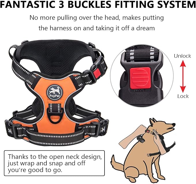 PoyPet No Pull Dog Harness, No Choke Front Clip Dog Reflective Harness, Adjustable Soft Padded Pet Vest with Easy Control Handle for Small to Large Dogs(Orange,M)