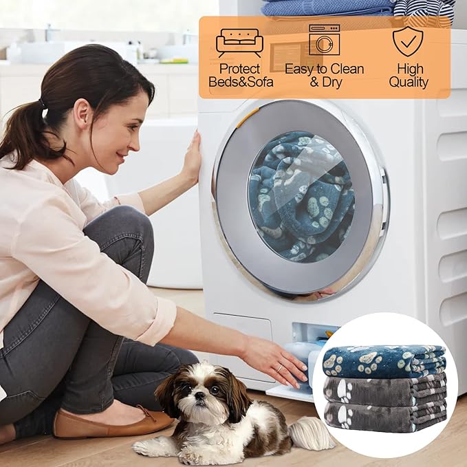 1 Pack 3 Dog Blankets - Super Soft Fluffy Premium Fleece Pet Blanket - Medium & Large Sizes - Gray & Blue - 31x41 inch