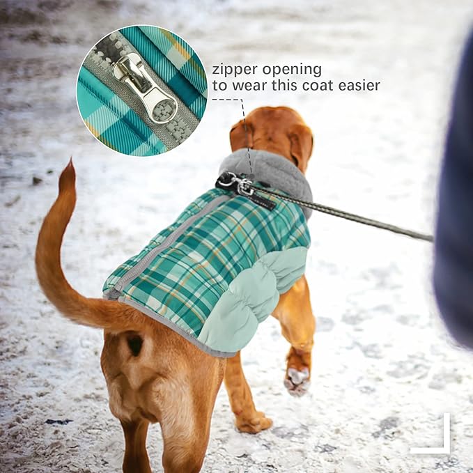 FUAMEY Dog Winter Coat - Jacket with Built-in Harness, Padded Vest for Cold Weather, Reflective Clothes for Small, Medium, Large Dogs - Green Plaid XS