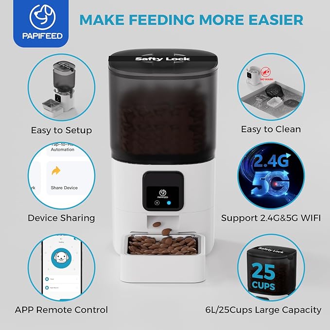 5G WiFi Automatic Cat Feeders: Smart Automatic Cat Food Dispenser with Slow Feeding Mode, Detachable for Easy Cleaning, Pet Feeder with Alexa, 1-30 Meals Per Day for Multiple Pets (6L/25 Cup)