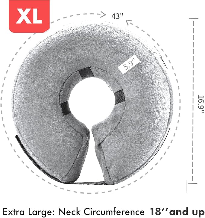 E-KOMG Dog Cone After Surgery, Protective Inflatable Collar, Blow Up Dog Collar, Pet Recovery Collar for Dogs and Cats Soft (X-Large(18" and up), Grey)