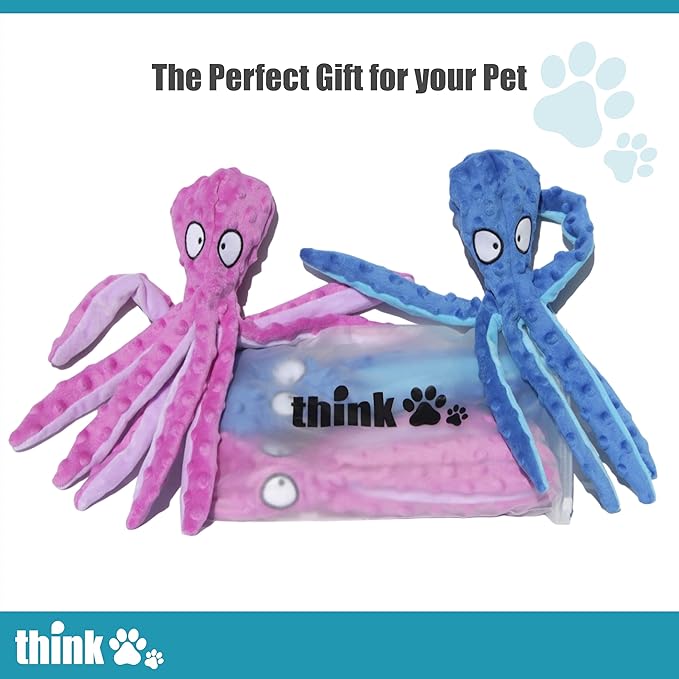 Think Pets Crinkle Squeaky Plush Octopus Toys for Playing & Training Purposes. Entertain Your Dog/Cat with These Plushie Stuffing-Free Interactive Toys, a Perfect Blend of Fun & Functionality