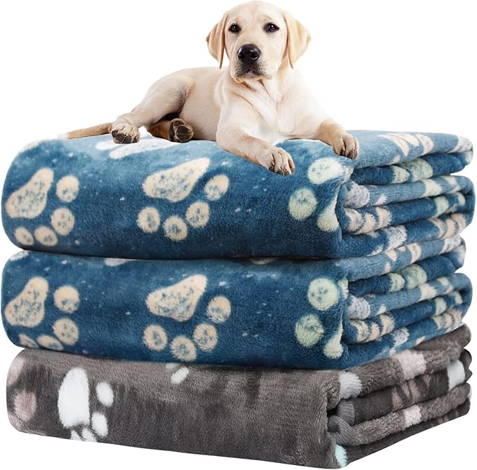 1 Pack 3 Dog Blankets, Super Soft Fluffy Premium Fleece Pet Blanket Flannel Throw for Large, Medium Dogs & Puppies, Blue & Gray, 131x41 inch