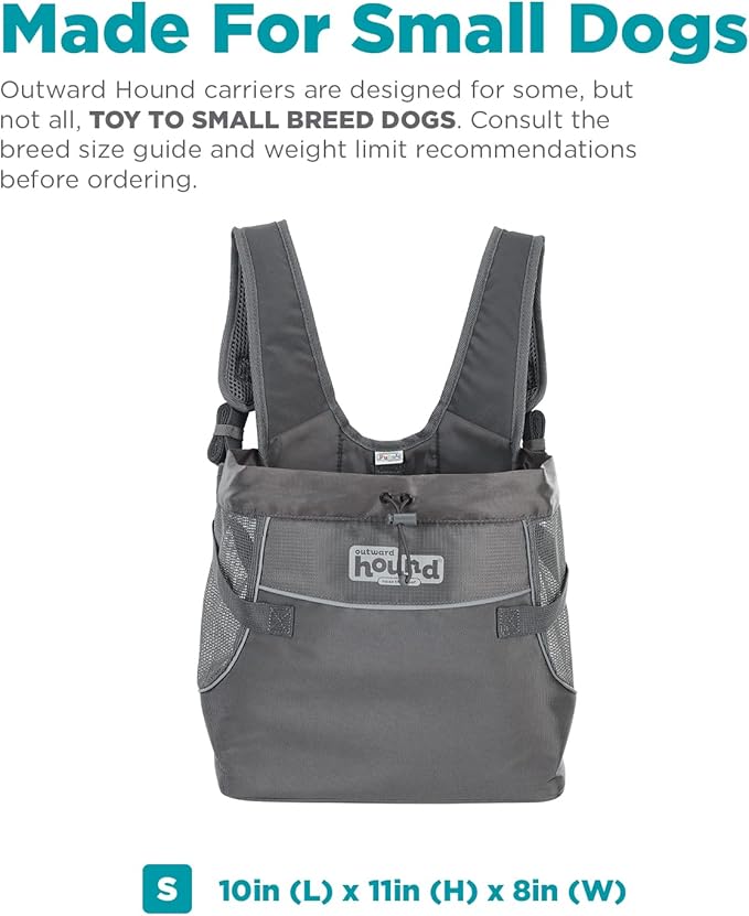 Outward Hound PupPak Dog Front Carrier, Small, Grey – Hands-Free Hiking & Camping Pet Backpack for Small Pets up to 10 lbs, Padded Straps, Breathable Mesh, Water-Resistant, Safety Clip
