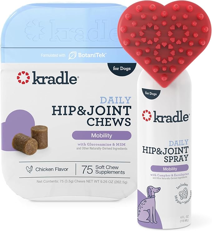 Kradle Daily Hip & Joint Chews for Dogs - Mobility & Joint Supplement for Dogs - Soft Chews with Glucosamine, Chondriotin, MSM & Hyaluronic Acid (75-Count Chews & 4oz Spray)