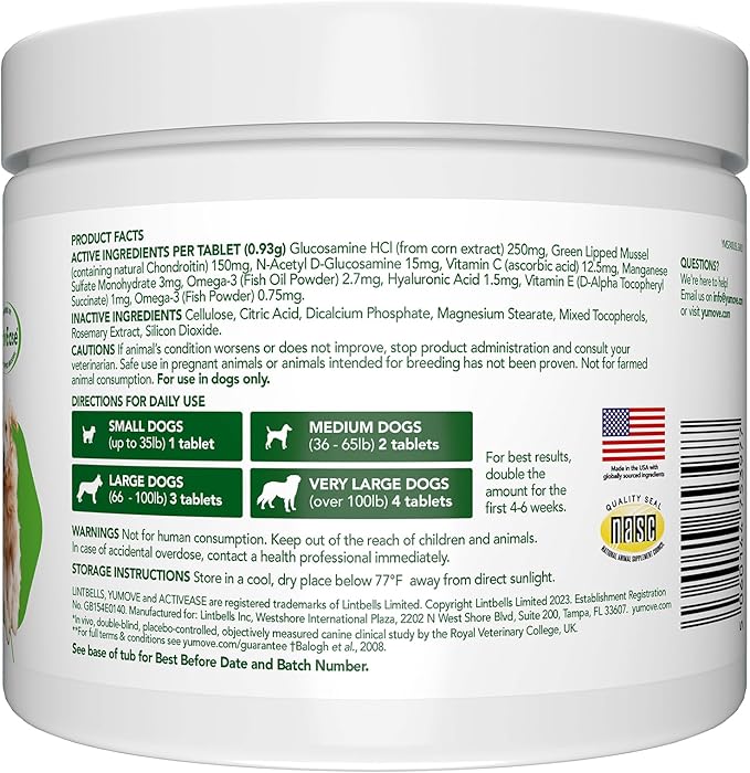 YuMOVE Hip and Joint Supplement - 240 Tablets with Glucosamine, Chondroitin, Omega 3, Hyaluronic Acid, Green Lipped Mussel, & Fish Oil for Dogs - Joint Support Supplement - Senior Dogs