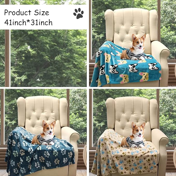 1 Pack 3 Premium Fleece Blankets for Large and Medium Dogs - Super Soft Fluffy Pet Throw for Puppies and Cats, Navy Blue Paw Blanket (41x31 Inch)