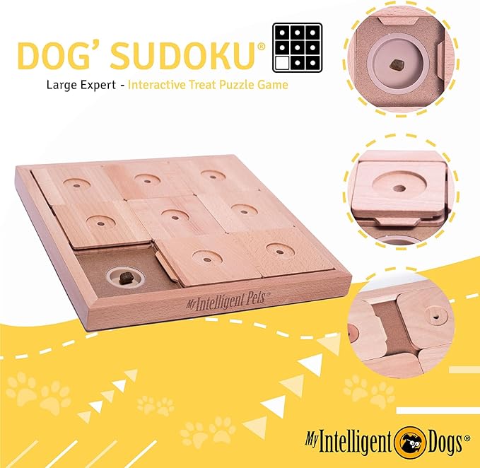 Interactive Wooden Sudoku Puzzle for Large Dogs - Expert Brain Pet Toy - 9 Treat-Hiding Holes, Large All-Wood Design