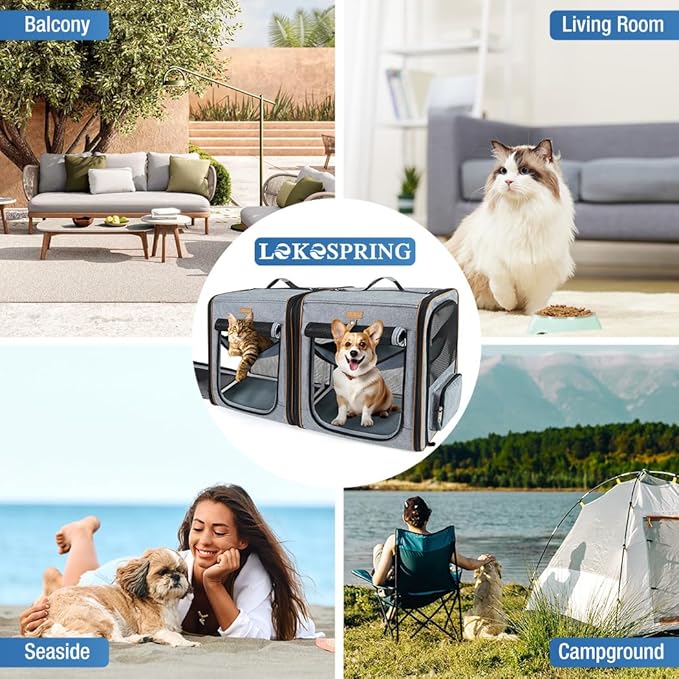 Lekereise 2-in-1 Large Cat Carrier for 2 Cats up to 45 Lbs, (20.85"*2)*19.7"*19.7" Car Travel Carrier with Litter Box, Bowl, and Locking Zipper - Grey