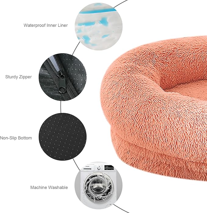 Calming Dog & Cat Bed - Washable Cover, Anti-Anxiety Donut Cuddler, Warming Cozy Soft Round Bed for Small Dogs & Cats (Pink, 24inch)