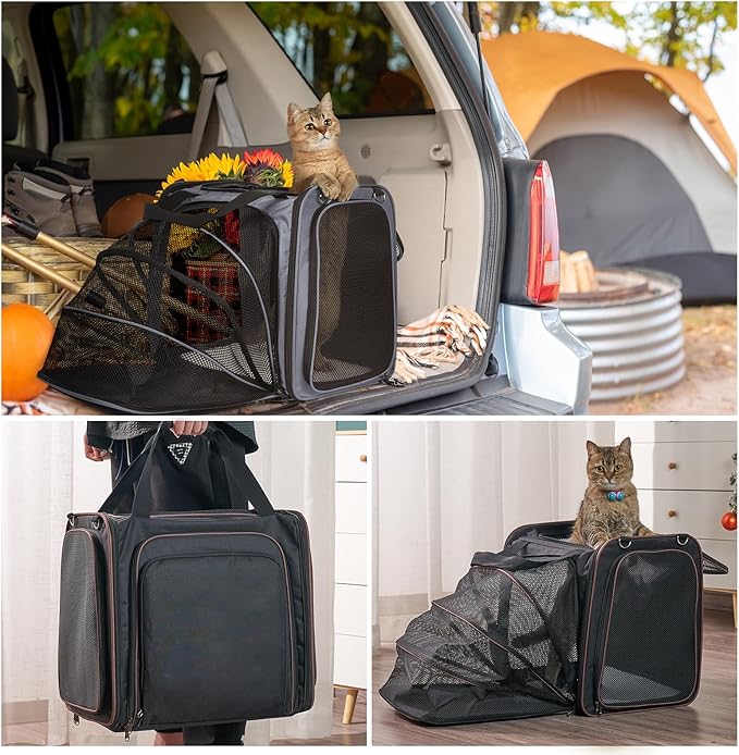 Cat Travel Carrier with Litter Box, Expandable Cat Carrier for Car Travel, Soft Sided Pet Carrier for Cats/Puppies up to 20lbs, Black
