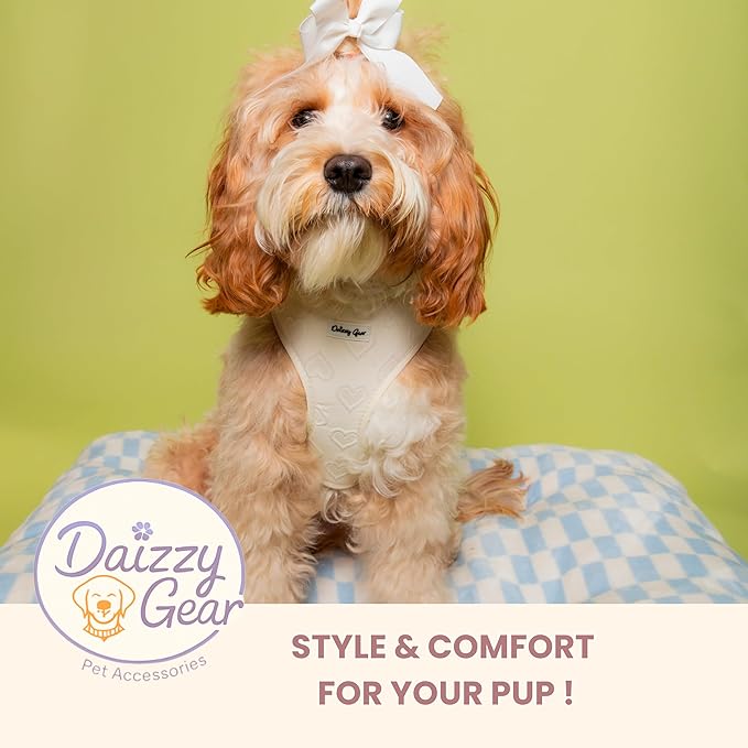 Large Dog Harness Set – No Pull Harness with Matching Leash, Collar, Bandana, Sailor Bow & Poop Bag Holder – Pastel Cream with Heart Embroidery – Adjustable, Soft, Aesthetic Outfit