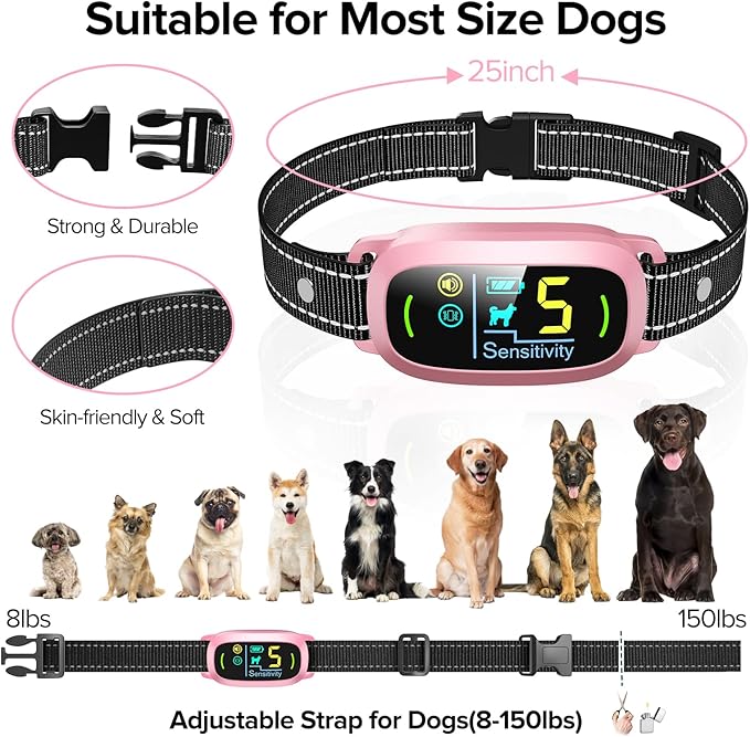 Dog Bark Collar, Rechargeable Smart Collar, Anti Barking Training Collar with 5 Adjustable Sensitivity Beep Vibration, Bark Collar for Large Medium Small Dogs (Pink)
