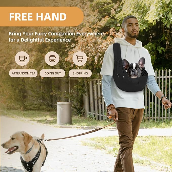 Adjustable Dog Carrier Sling - Hand-Free Dog Carriers for Small Dogs and Cats, Puppy Sling Carrier with Zipper Purse Pocket, Travel Safety Harness, Puppy Essentials (Black)