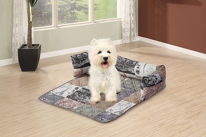Brilliant Sunshine Quilted Calming Dog Bed Mat, Removable Washable Cover, Cushion Protector and Couch Covers for Dogs, Pets, Cats, Medium, Latte Grey Paris and Toile Floral Patchwork