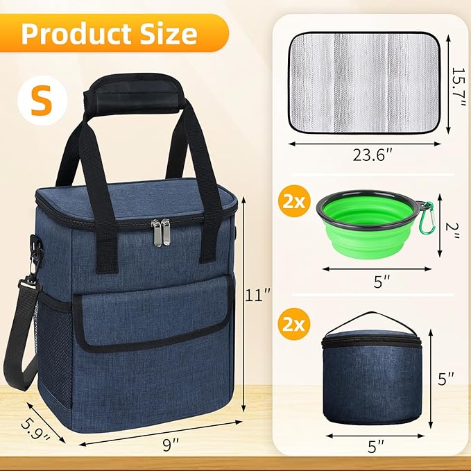 Dog Travel Bag, Weekend Dog Travel Accessories for Camping, Pet Travel Bags with 2 Collapsible Dog Bowls, 2 Travel Dog Food Container, 1 Waterproof Pet Feeding Mat - S, Tibetan Blue