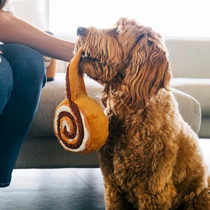 P.L.A.Y. Cute Plush Dog Toys - Coffee Shop Food Themed Durable Squeaker Chew Toy, Great for Puppies & Small, Medium, Large Dog Breeds - Machine Washable, Recycled Materials (Pup Cup Cafe Cinna-bone)