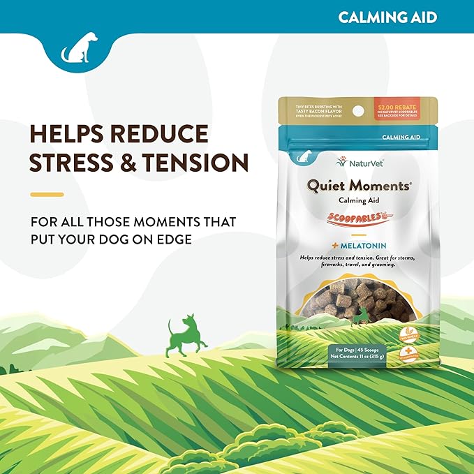NaturVet Scoopables Quiet Moments Dog Calming Aid for Dogs - Promotes Calm with Stressful Events Like Storms, Fireworks, Travel, Separation Anxiety - Hickory Smoked Bacon Flavored | 11oz Bag