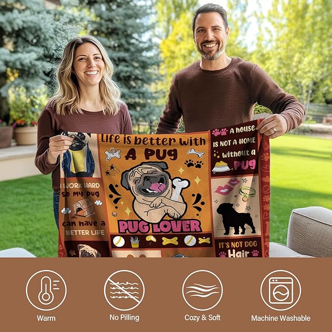 Pug Gifts for Pug Lovers Women Girl Kids, Birthday Gift Ideas for Women Men, Dog Blanket for Sofa Couch Room, Soft Animal Theme Throw Blankets 50"x 60"