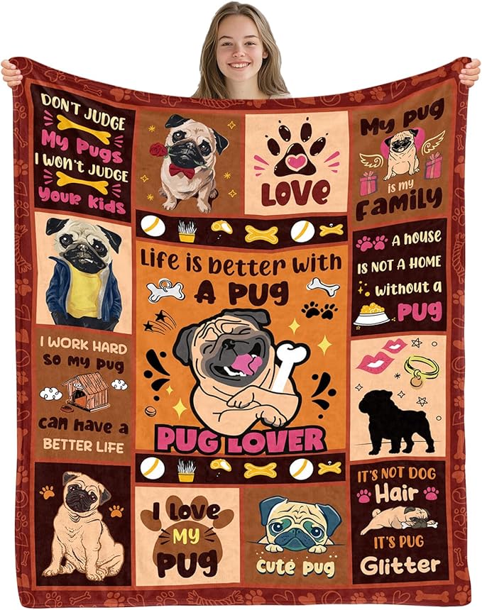 Pug Gifts for Pug Lovers Women Girl Kids, Birthday Gift Ideas for Women Men, Dog Blanket for Sofa Couch Room, Soft Animal Theme Throw Blankets 50"x 60"