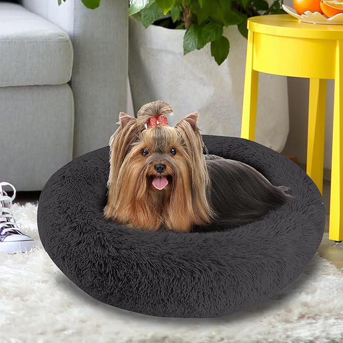 Arlee Donut Round Pet Dog Bed - Memory Foam - Calming Reduce Anxiety - Shaggy Vegan Fur - Assembled USA, Black