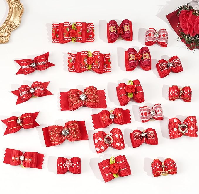 Yxiang 24PCS Dog Hair Bows, Red Cute Dog Hair Bows Yorkie Puppy Bows with Rubber Band Pet Grooming Bows Colored Polka Dot Dog Hair Accessories for Small Dogs