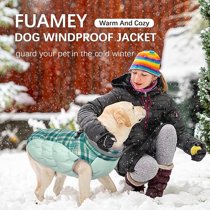 FUAMEY Dog Winter Coat - Jacket with Built-in Harness, Padded Vest for Cold Weather, Reflective Clothes for Small to Large Dogs, Green Plaid