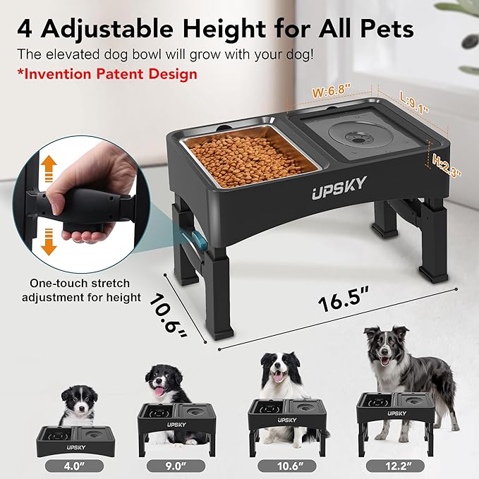 UPSKY 3-in-1 Elevated Dog Bowls: Slow Feeder & No-Spill Stand, Stainless Steel, Adjustable Height for Small & Medium Dogs