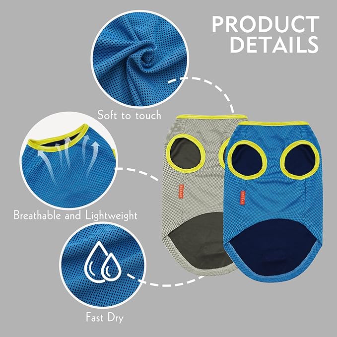 KYEESE 2 Pack Dog Cooling Shirts - Breathable Instant Cooling Vests, Lightweight for Summer Dog Apparel, Blue+Grey, Large