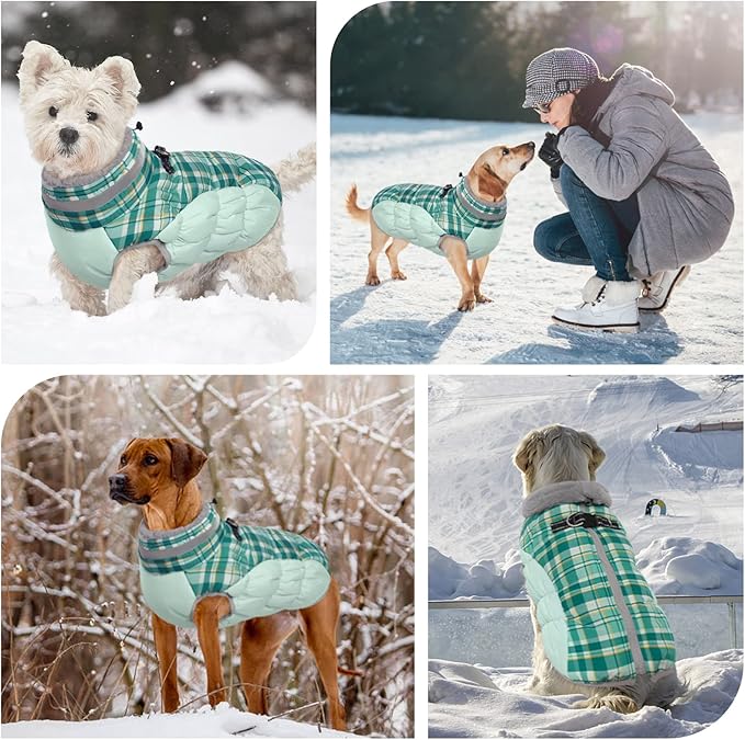 FUAMEY Dog Winter Coat - Jacket with Built-in Harness, Padded Vest for Cold Weather, Reflective Clothes for Small to Large Dogs, Green Plaid