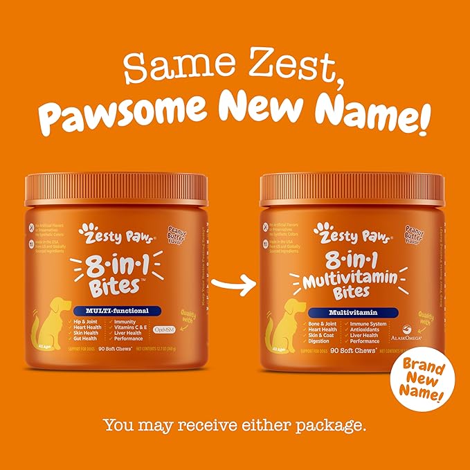 Zesty Paws Multivitamin Treats for Dogs, Glucosamine Chondroitin Joint Support + Digestive Enzymes & Probiotics, Grain Free Dog Vitamins and Supplements for Skin & Coat, Peanut Butter - 90ct