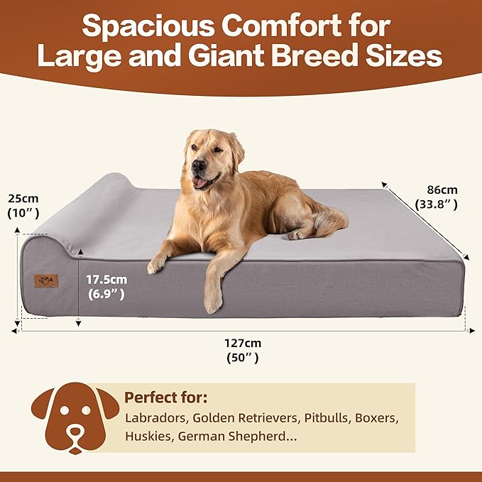 Sytopia XXL Memory Foam Dog Bed, 7 Inch Thick Extra Large Orthopedic Couch for Senior Dogs Over 100 Pounds, Water Resistant and Washable Cover, Liner, Grey