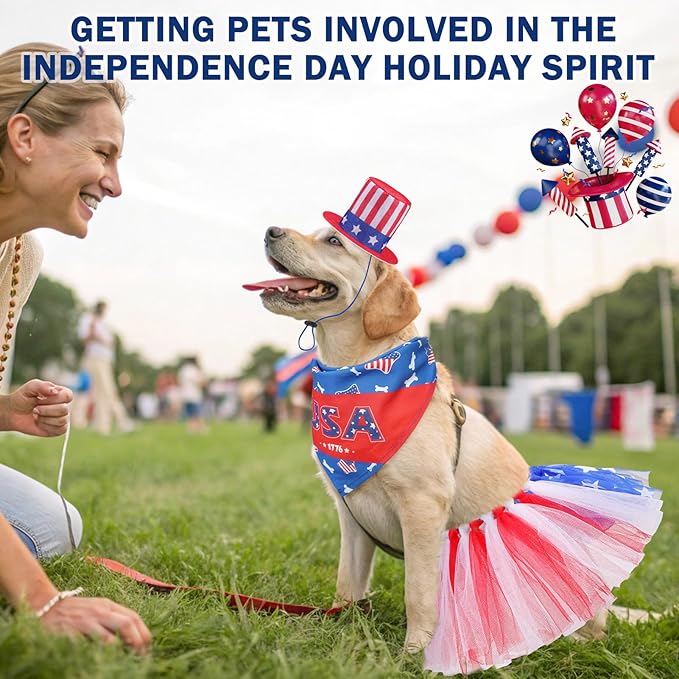 SCENEREAL Independence Day Dog Bandana with Hat and Dress Girl Set, Puppy Birthday Party Supplies, Cute Tutu Skirt Blue Outfit for Small Medium Dogs