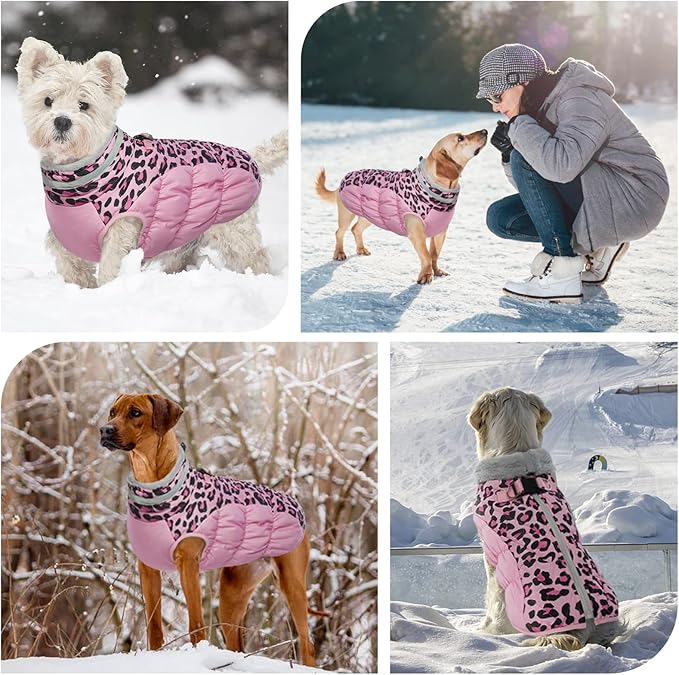 FUAMEY Dog Winter Coat - Dog Jacket with Zipper, Built-in Harness, Padded Vest, Water Resistant, Reflective - Pink Leopard, S, M, L