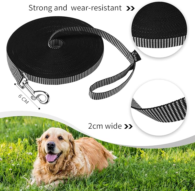 Hi Kiss Dog/Puppy Obedience Recall Training Agility Lead - 15ft 20ft 30ft 50ft 100ft Training Leash - Great for Training, Play, Camping, or Backyard(15ft,Black_White)