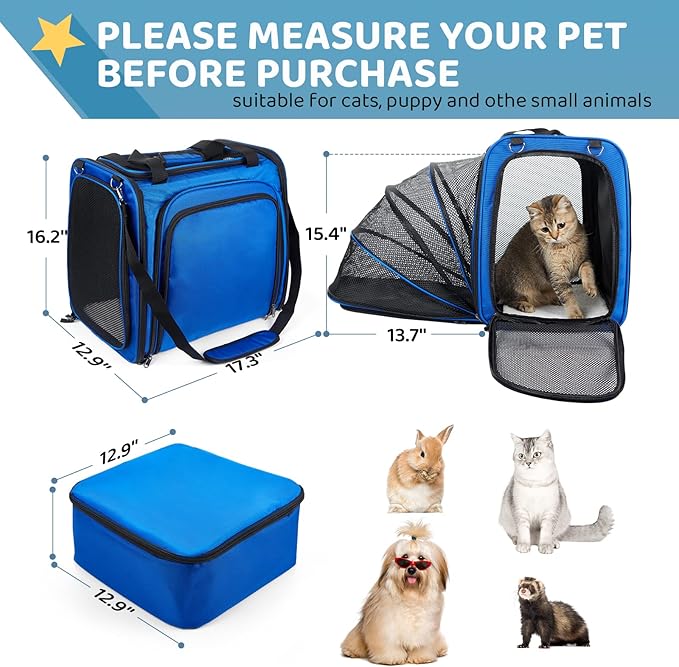 Cat Travel Carrier with Litter Box, Expandable Cat Carrier for Car Travel, Soft Sided Pet Carrier for Cats/Puppies up to 20lbs, Blue