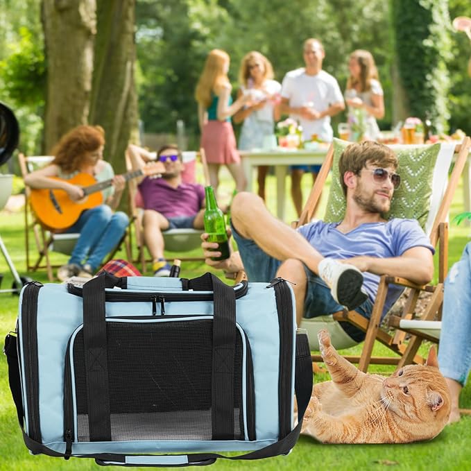 Travel in Style: Portable Pet Carrier for Small Pets up to 15 Lbs- Airline Approved, Collapsible & Comfortable cat/Puppy Soft Sided Bag (Blue)