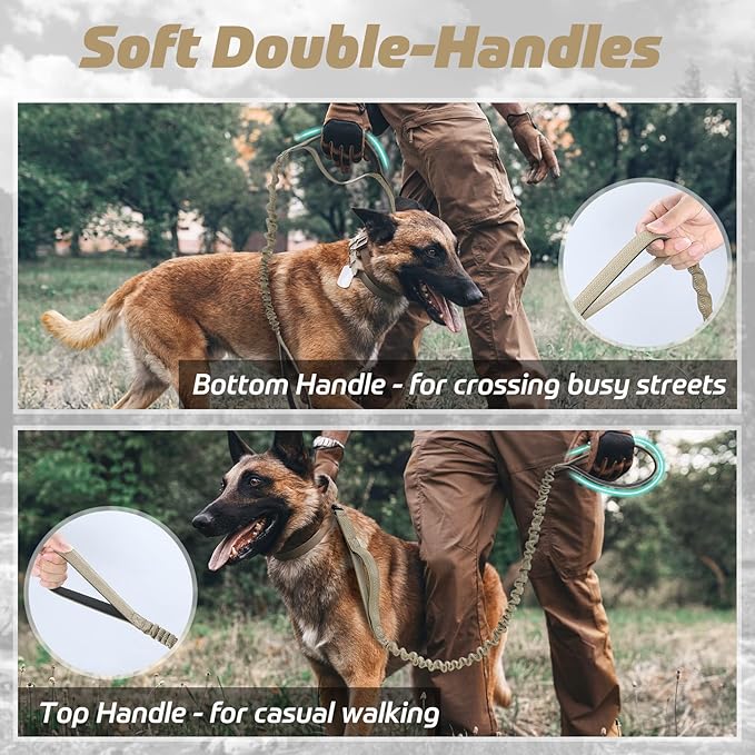 rabbitgoo Tactical Bungee Dog Leash with Shock Absorption, Military Training Leash with 2 Padded Control Handles for Medium Large Dogs, 4FT, Brown