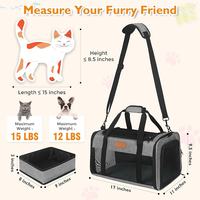 PETUX TSA Approved Pet Carrier in Cabin, 17"x11"x9.5" Soft Cat Carriers for Small Cats and Dogs Up to 15 LB, Top-Open Portable Pet Carrier Airline Approved with Litter Box and Anti-Scratch Mesh, Grey