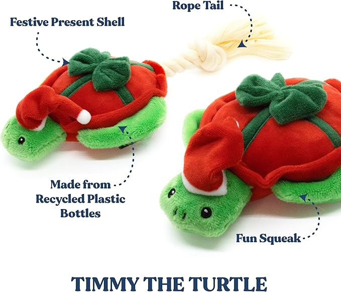 Holiday Collection Dog Toys | Small Sized Timmy The Turtle | Cute, Durable, & Sustainable Plush Chew Toys for Dogs | Festive Stocking Stuffer Gift