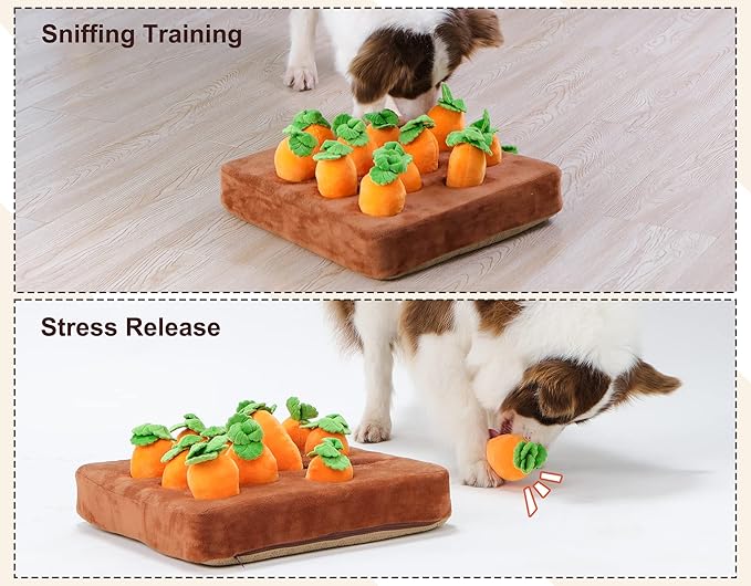 Interactive Dog Toys,Squeak Carrot Snuffle Mat for Dogs Plush Puzzle Toys 2 in 1 Non-Slip Nosework Feed Games for Pet Stress Relief with 12 Carrots…