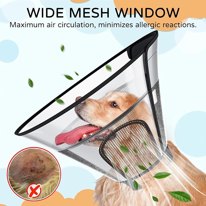 Dog Cone Collar for Large Dogs After Surgery, Mesh Windows PVC Transparent Dog Cone E Collar for Dog, Anti-Bite Lick Wound Healing Neuter Safety Practical Comfy Plastic Cone XXL